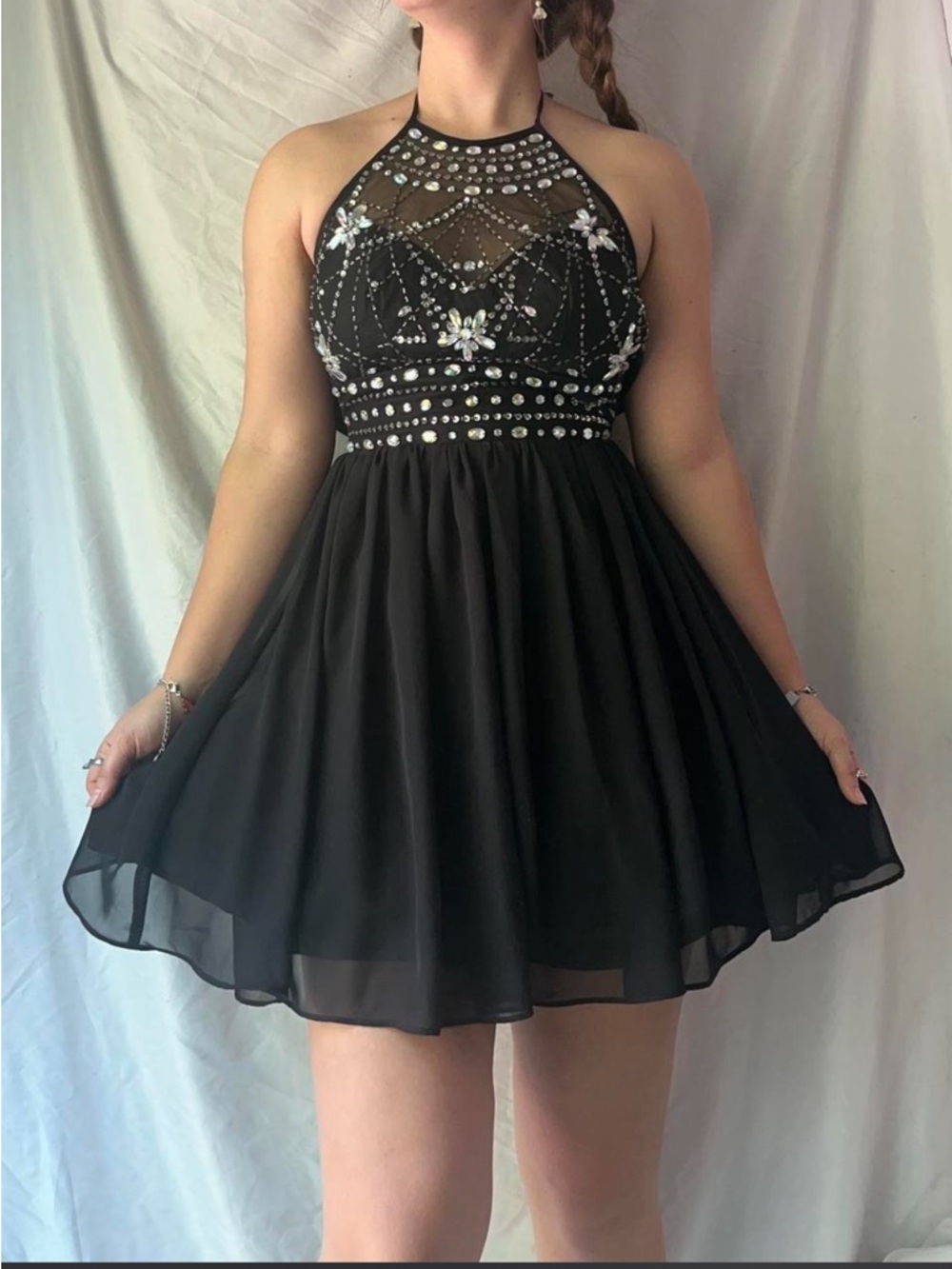 B. Darlin Black Beaded Rhinestone Halter Dress ⋆｡˚✩
